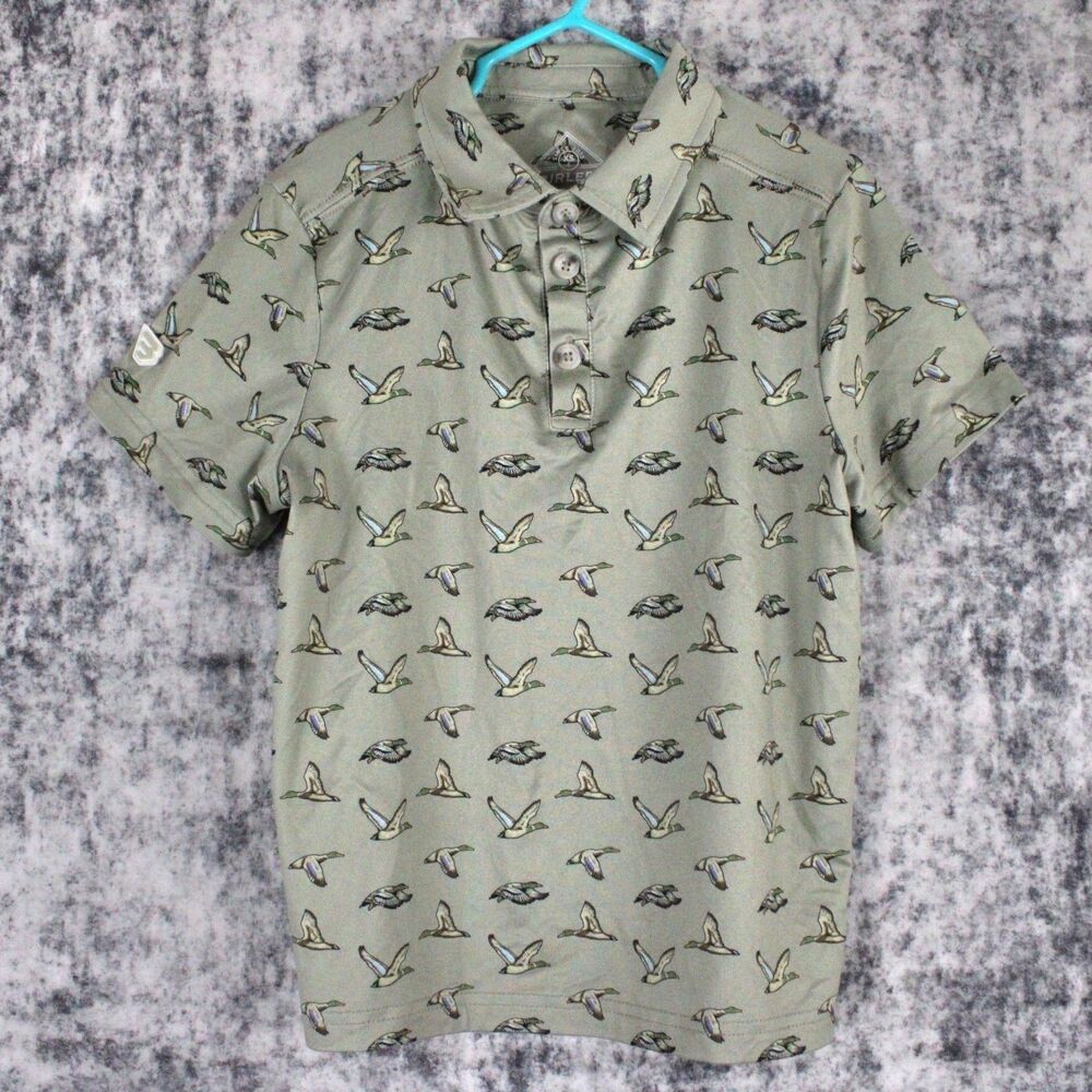 BURLEBO Kids Size XS 4 Green Duck Print Performance Short Sleeve Polo